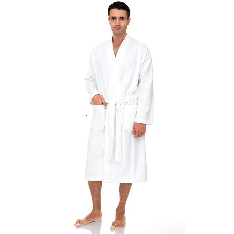100 Cotton Mens Winter Bathrobe Solid Terry Homewear Pockets V Neck Length Robe Kimono With Sashes For Male 2024 C251104