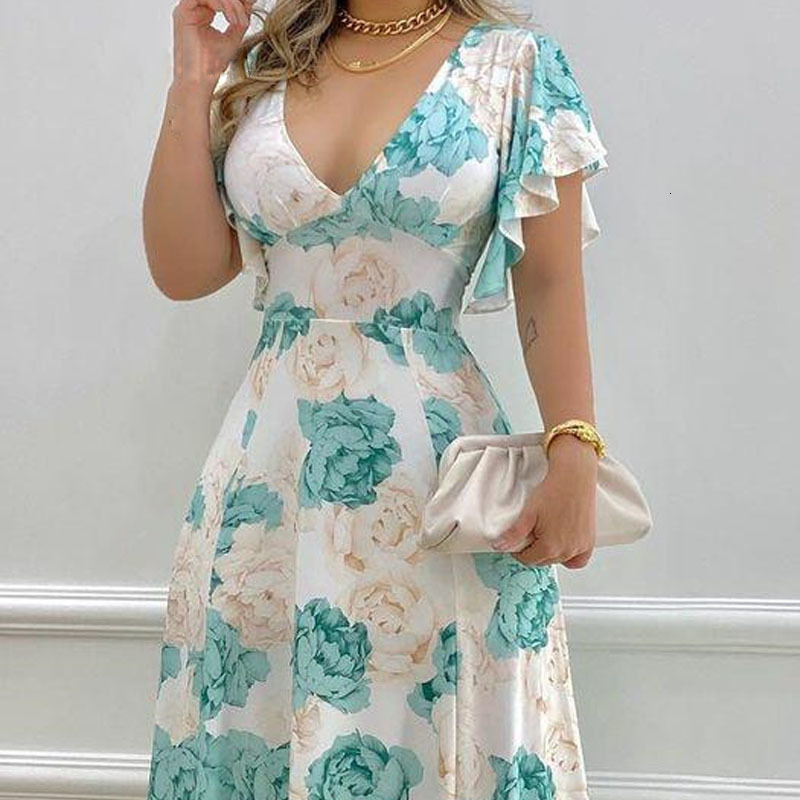 2025 Spring/Summer New Womens V-neck Printed Long Skirt with Temperament Commuting High Waist Dress