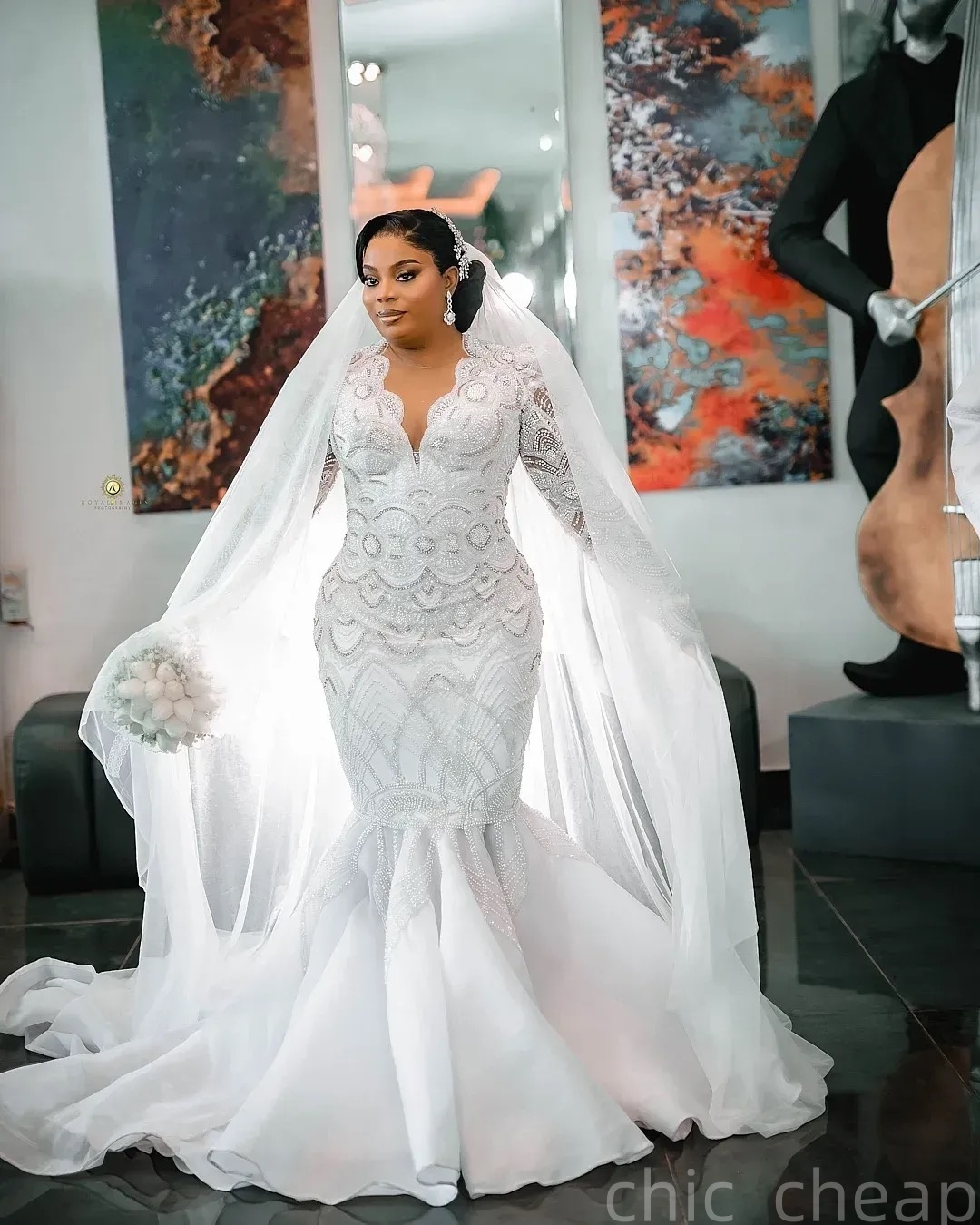 2025 Arabic Aso Ebi Plus Size White Wedding Dress Beaded Crystals Full Sleeves Organza Luxurious Bridal Gowns Dresses ZJ0557