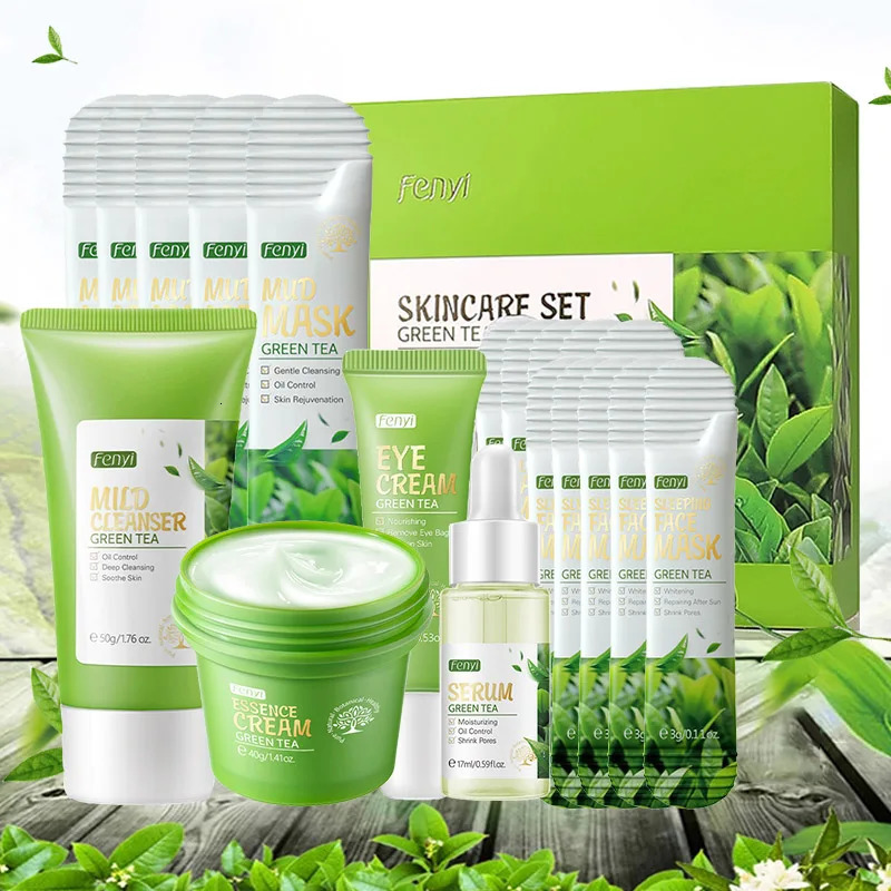 19pcs Gift Box Kit Green Tea Skin Rejuvenation Face Essence Korean Face Cream Fade Dark Circles Eye Cream Skin Care Products 251030