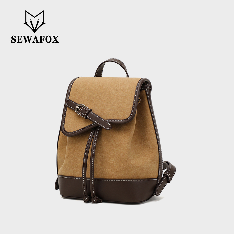 Sewafox Women's Backpack Casual Leather Backpack Waterproof Small Backpack Truffle Color Paired With Milk Tea Color