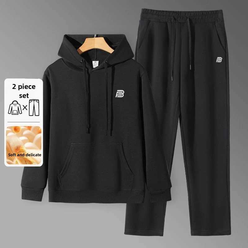 Mens 2pcs FleeceLined Hooded ZipUp Tracksuit Set Casual Sportswear for Gym Running Daily Lounging AllSeason Fit J251104