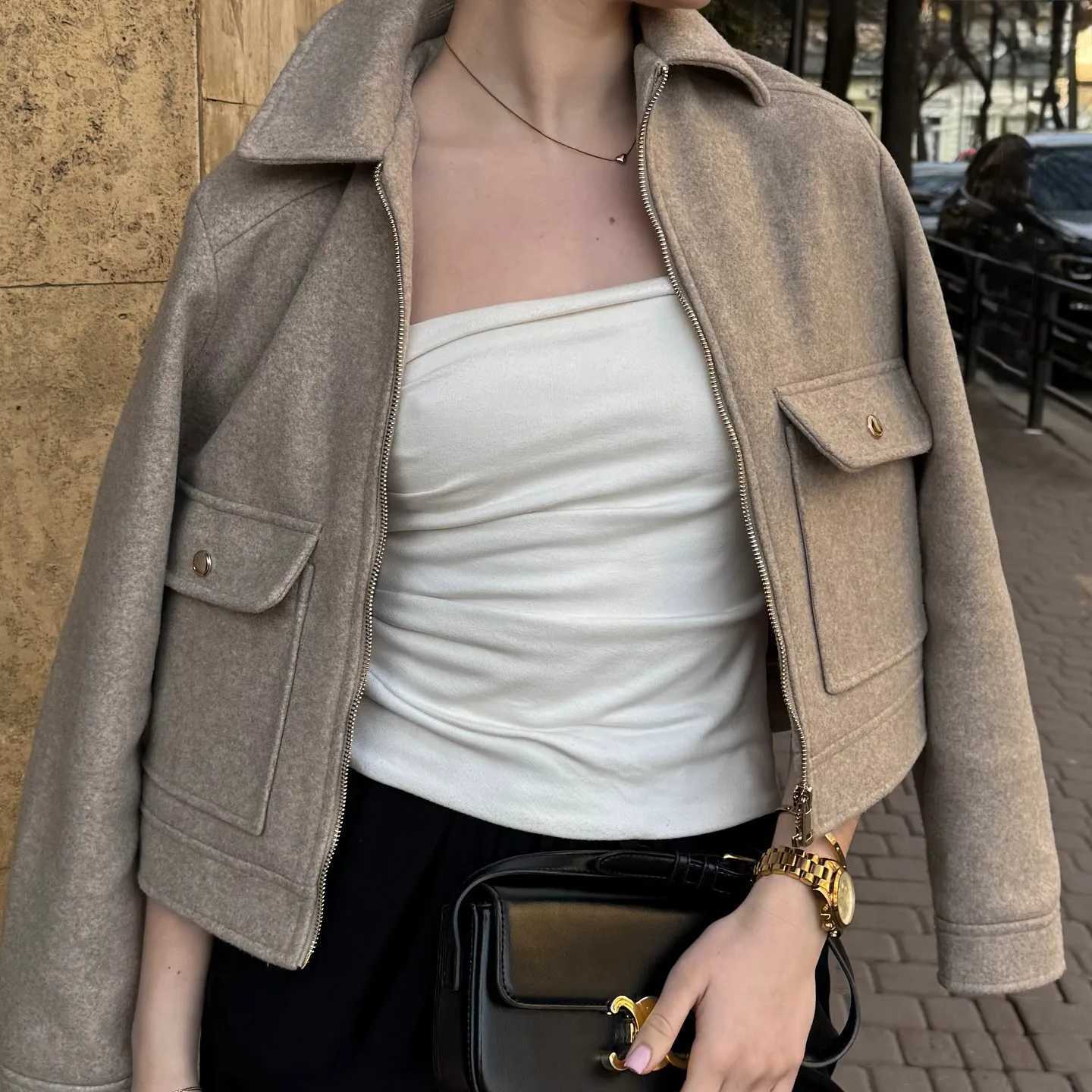 autumn and winter new womens clothing pocket zipper decoration soft simple longsleeved lapel short jacket J2511031