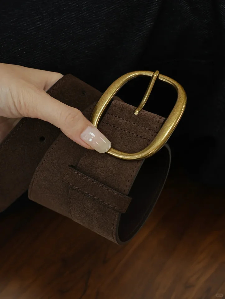 45cm Wide Women Belts Vintage Suede Cowhide Belt Gold Oval Buckle Skinny Waistband Genuine Leather Belt for Dresses 251104