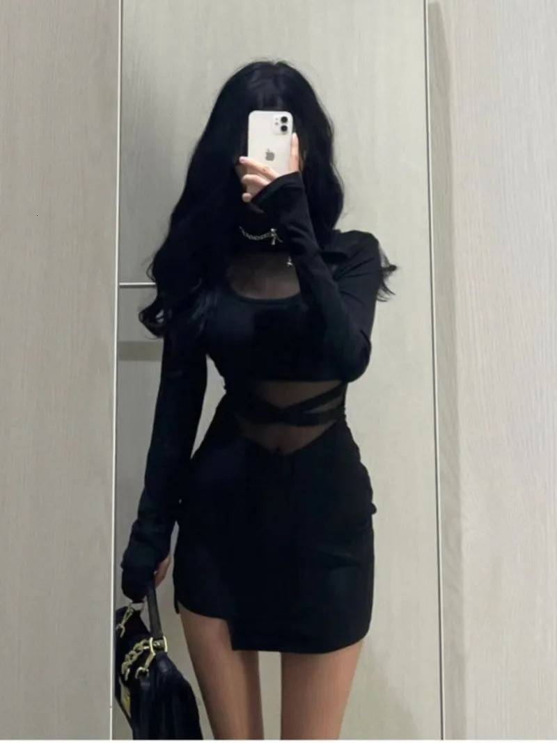 Pile Up Sleeves Sexy Black Fishbone Dress Personalized Ultra Thin Womens Gaussian Perspective Wrap Hips F8Q3 250403e