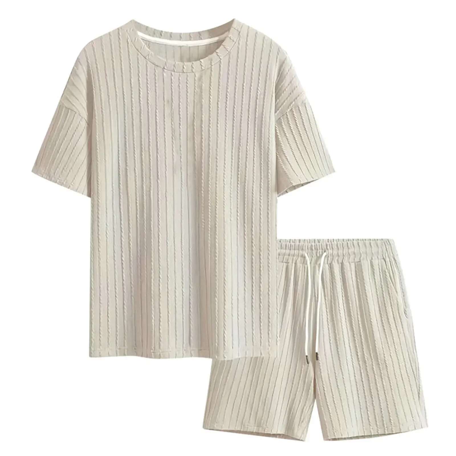 Men's Two Pcs Suits Outdoor Sports Running T-Shirt Shorts Sets Solid Stripe Short-Sleeve Men Spring Summer Casual Gym Sportswear