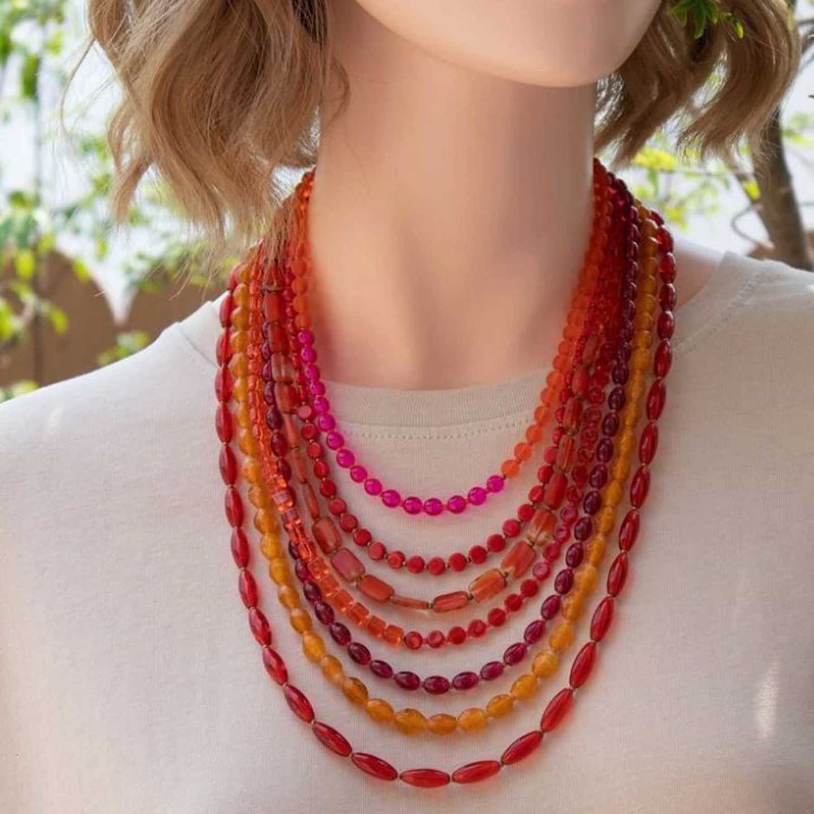 Multi Layer Orange Red Acrylic Resin Bead Necklace for Women European American Trendy Bib Choker Collar Neck Jewelry AccessoriesXJ251104