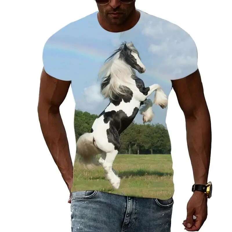 New Tide Summer Fashion Horse Picture T-shirts Casual Print Tees Hip Hop Personality Round Neck Short Sleeve Tops