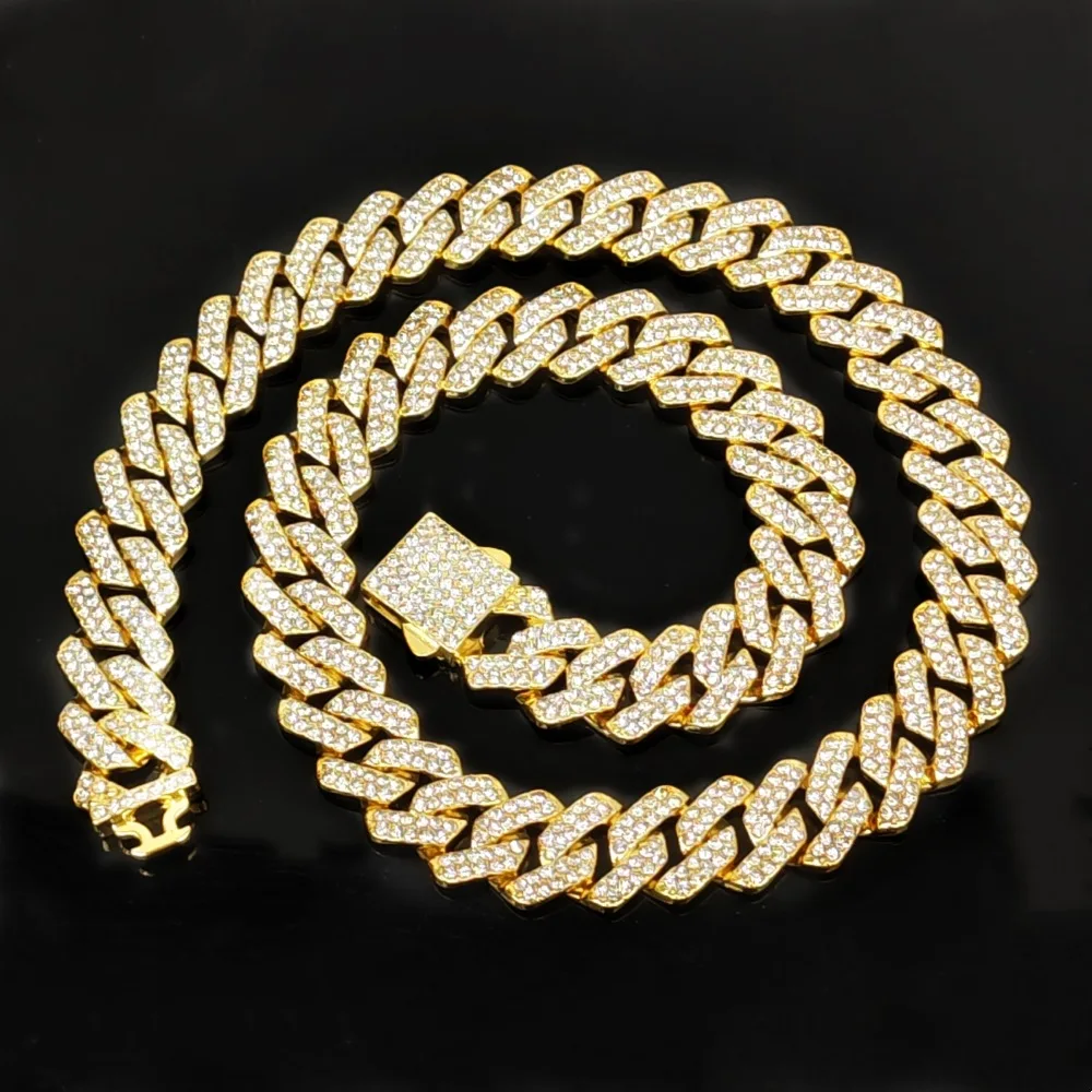 HipHop Men Women 14MM Prong Link Chain Necklace Bling Iced Out 2 Row Rhinestone Paved Miami Rhombus Cuban Bracelet Jewelry