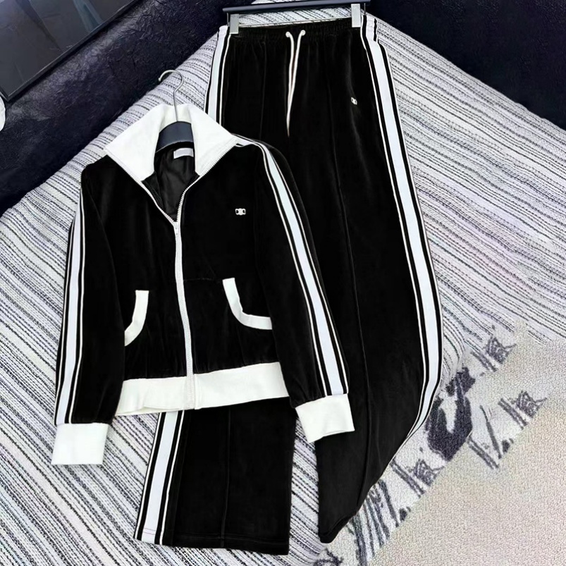 Luxury Velvet Jacket Set For Women Color Blocked Lapel Outerwear Elastic Waist Trousers Tracksuits Designer Embroidered Casual Jackets Pants Outfits