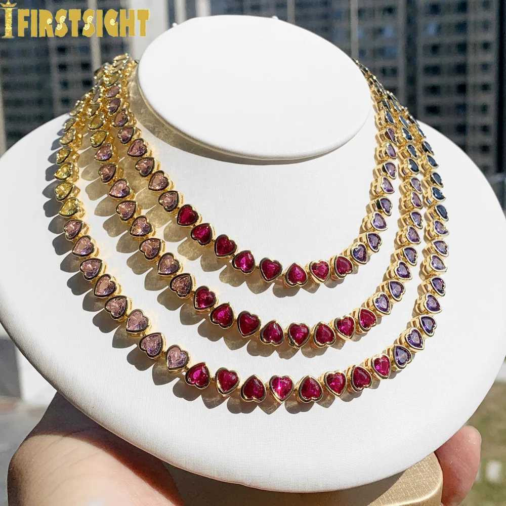 2025 New Iced Out AAA Cubic Zirconia Heart Tennis Chain Necklace Gold Color Rainbow CZ Charm Choker Hip Hop Jewelry For WomenXJ251104