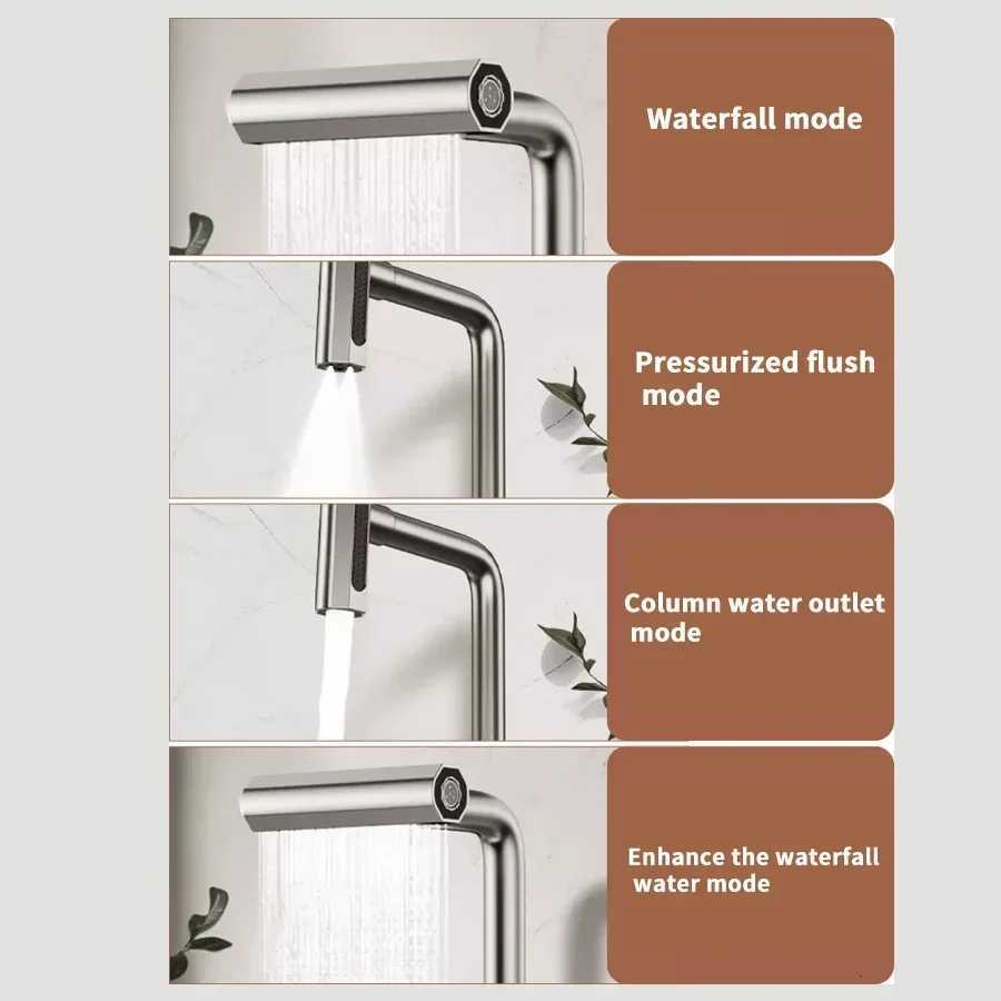 Waterfall Kitchen Faucet 4 Modes Universal 360Rotating Swing Arm Stainless Steel Hot Cold Single Hole Deck Mounted Sink Tap Y251104