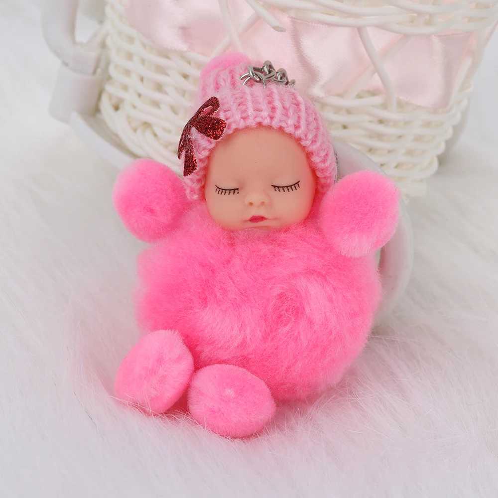 1 Pcs Cute Sleeping Baby Bowtie Fluffy Pompom Fur Plush Doll Keychain Keyring Key Ring Women Girls Bag Pendant JewelryW251103