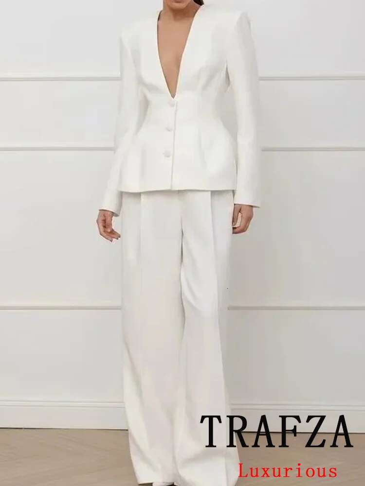 TRAFZA Vintage Chic Office Lady Solid Women Suit Single Breasted Blazer Straight Loose Pants New Fashion 2025 Autumn Winter Sets