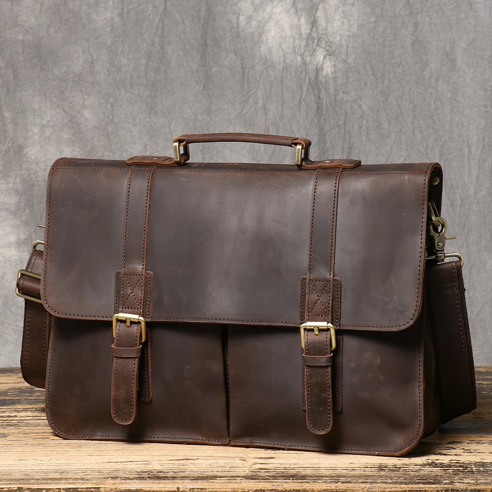 Retro Briefcase Crazy Horse Leather Men Cowhide Shoulder Crossbody Bag Large Capacity Genuine Leather Laptop Bag 250402