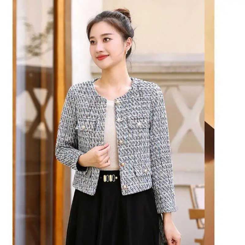New casual Women Korean Sweet Tweed Jacket Fashion Simple Long Sleeve Coat Elegant Slim Female Chic O Neck Open Stitch Outwear J251103