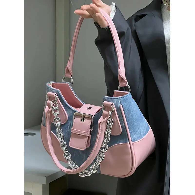 Y2k Pink Shoulder Bag For Women Designer Gothic Crossbody Handbag Chain Motor Style Cool Girl Denim Large Capacity New