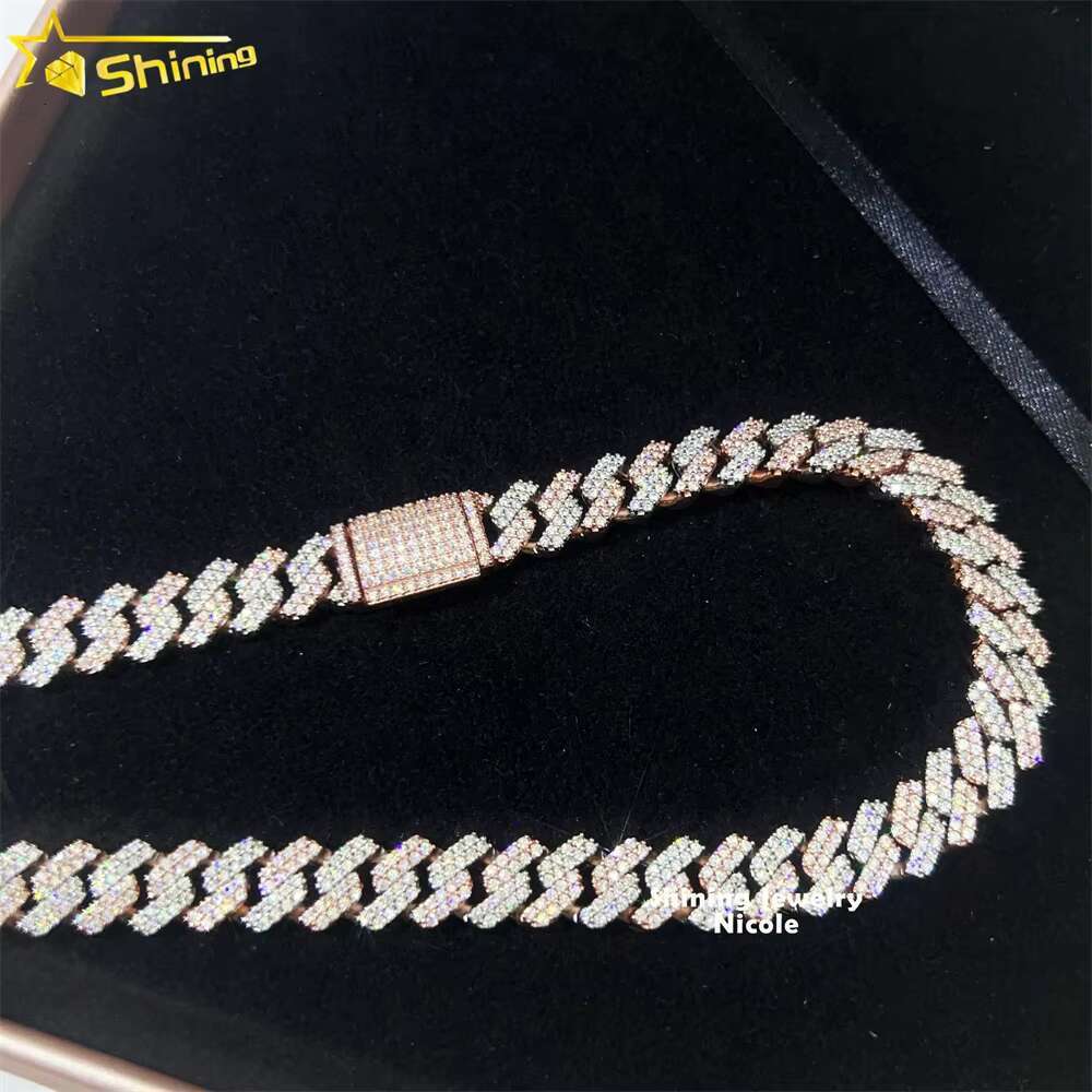 Two Tone Color Rose Gold White Gold 10mm Custom Hip Hop Silver Moissanite Miami Iced Out Cuban Link Chain