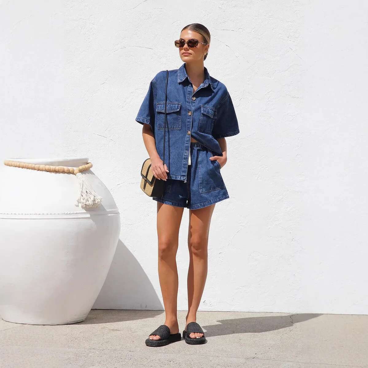 Women 2Pcs Clothes Set Denim Short Sleeve Jacket Coat Shirt & High Waist Shorts Pants Jeans Sexy