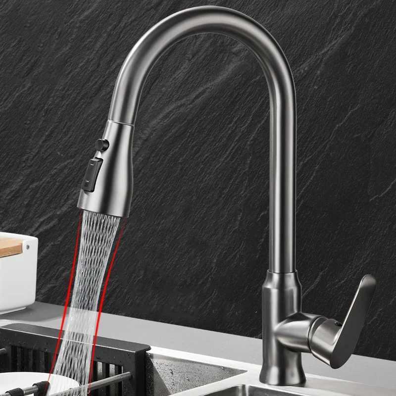 Kitchen Faucet Single Hole Pl-Out Spout Kitchen Sink Mixer Faucet Stream Spray Gun Gray/Black Mixer Faucet Y251104