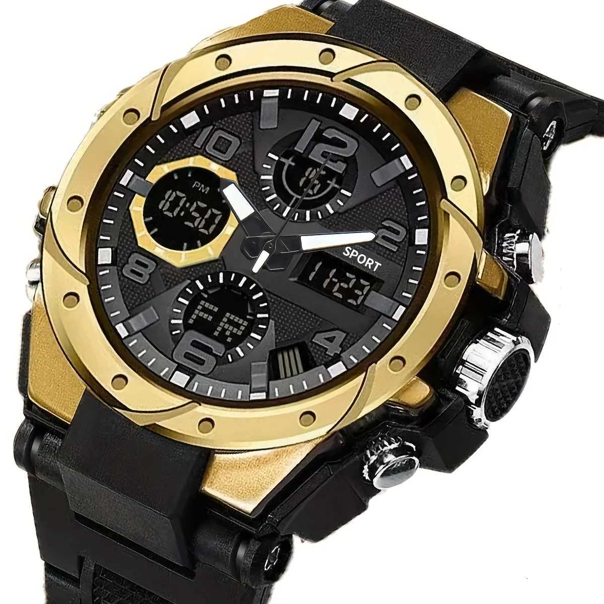 Rugged Dual Display Mens Sports Watch - Automatic Quartz Digital Black Alloy Case TPU Strap Chronograph Alarm MultifuncT251104