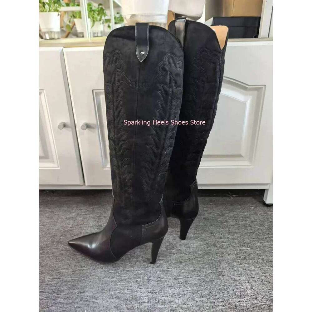 Fashion Woman Designer Knee High Pointed Toe Slip On Thin Heel Female Breathable Velvet Black Blue Brown Long Boots Shoes