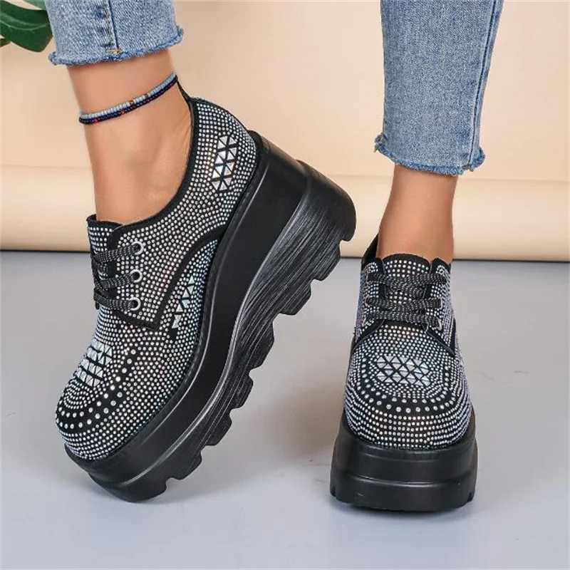White Black Womens Lace Wedge High Heels Pump Water Diamond Sparkle Womens Breathable Short and Fat Platform Fashion Sneakers 35 43 Z250403