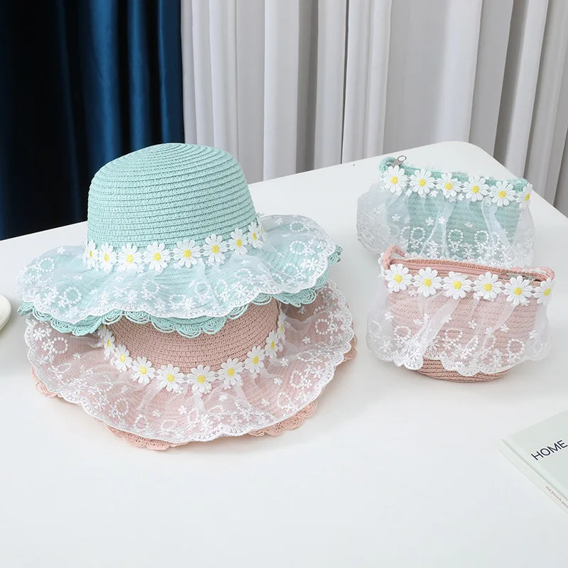 Baby Cute Lace Woven Straw Hat And Shoulder Bag Set Summer Girls Daisy Flower Beach Travel Sunscreen Sun Cap 250326