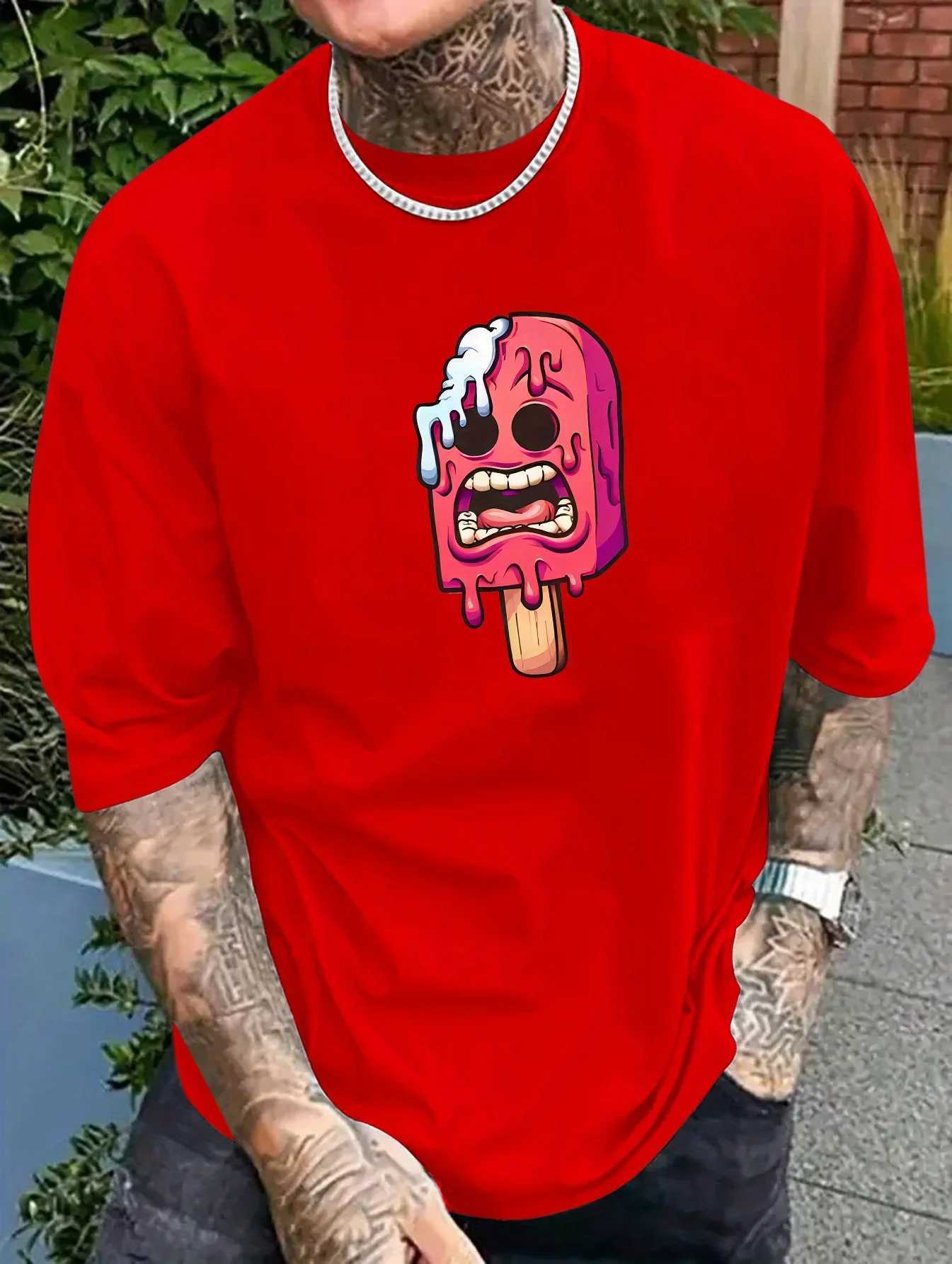 Mens Pink Ice Stick Graphic T-shirt - Fun Cartoon Design Casual and Comfortable Polyester Fiber Short Sleeve Retro Summer Top W250403