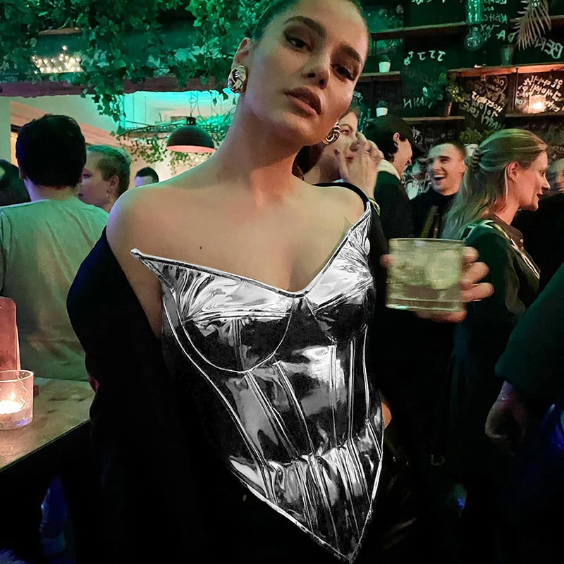 Sexy strapless metal silver crop top womens sleeveless tight corset vest summer night dance costume 250327
