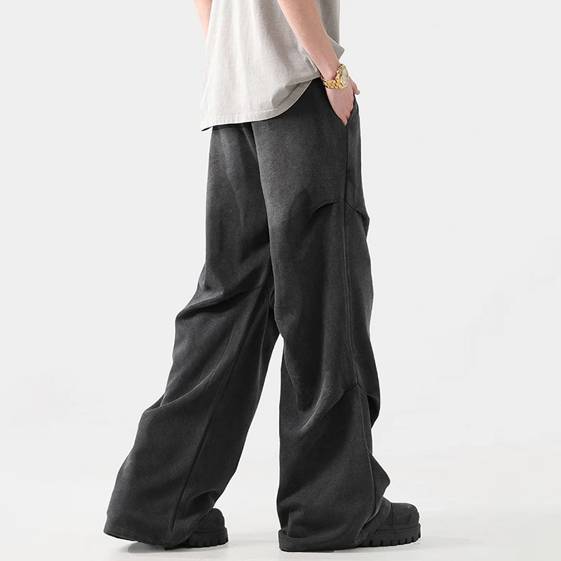 2025 Spring Pleated Design Washed Pants Men's American Street Drawstring Niche Casual Wide Leg Trousers New Fashion Z260315