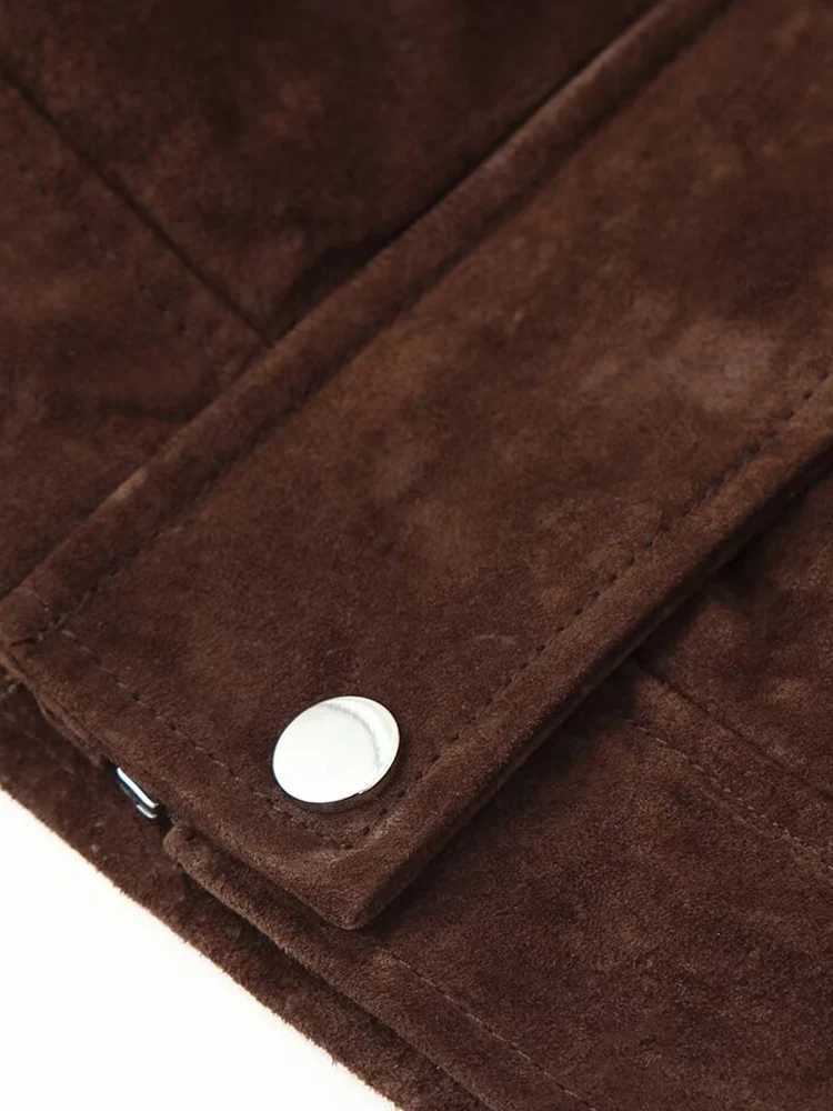 European and American style 2025 autumn new womens fashion trend pocket decoration suede leather bomber jacket J251103