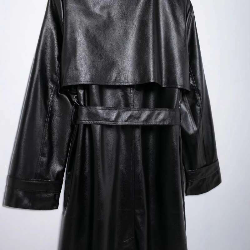 Spliced Lapel Women's Windbreaker Long Slim PU Leather Jacket With Belt Single Breasted Trenchcoat Spring Autumn Fashion Jackets