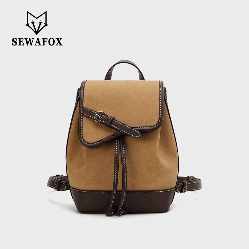Sewafox Women's Backpack Casual Leather Backpack Waterproof Small Backpack Truffle Color Paired With Milk Tea Color