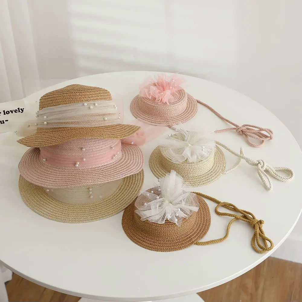 2pcs set Girls Straw Hat Shoulder Bag Kids Summer Holiday Fisherman Hats Baby Princess Lace Pearl Bowknot Beach Straw Sun Cap 250326