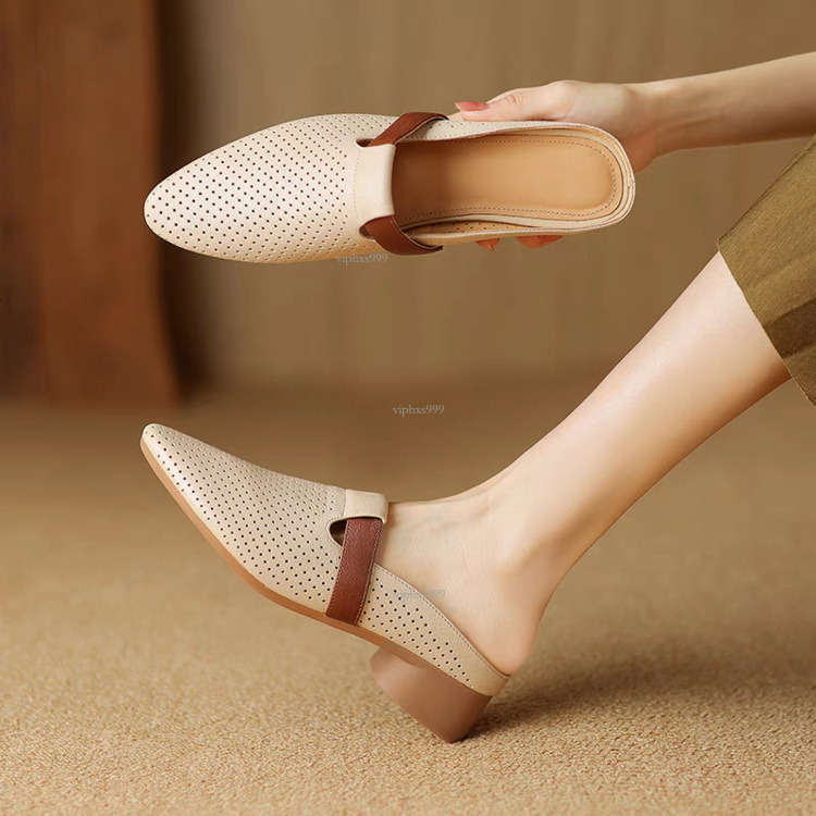 New Designer Sandals With Free Shipping French Breathable Hollow Half Women Summer Soft Leather Round Toe Cool Slippers For Lazy People, Low Heeled M 