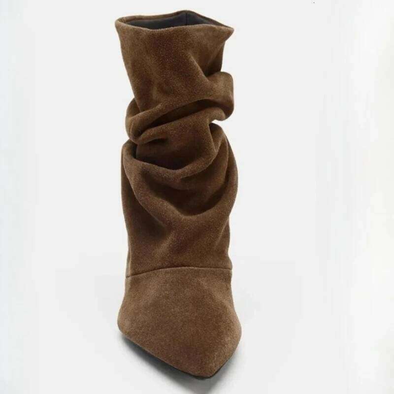 Suede Winter Women High Pointed-Toe Pleated Short Female Brown Retro Elegant Designer Ankle Boots Bottes Femmes