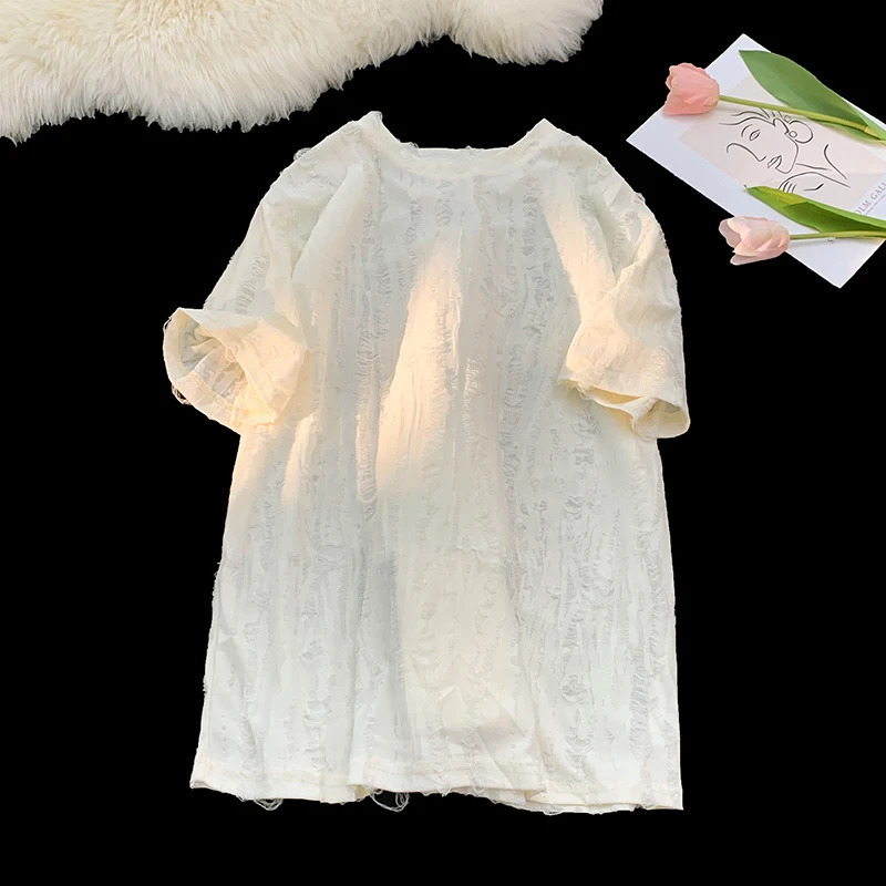 Niche Hollow Hole Short Sleeve T-shirt Mens Street Hip Hop 1/3 Sleeve Trendy Loose American Couple Fashion Top City 250403