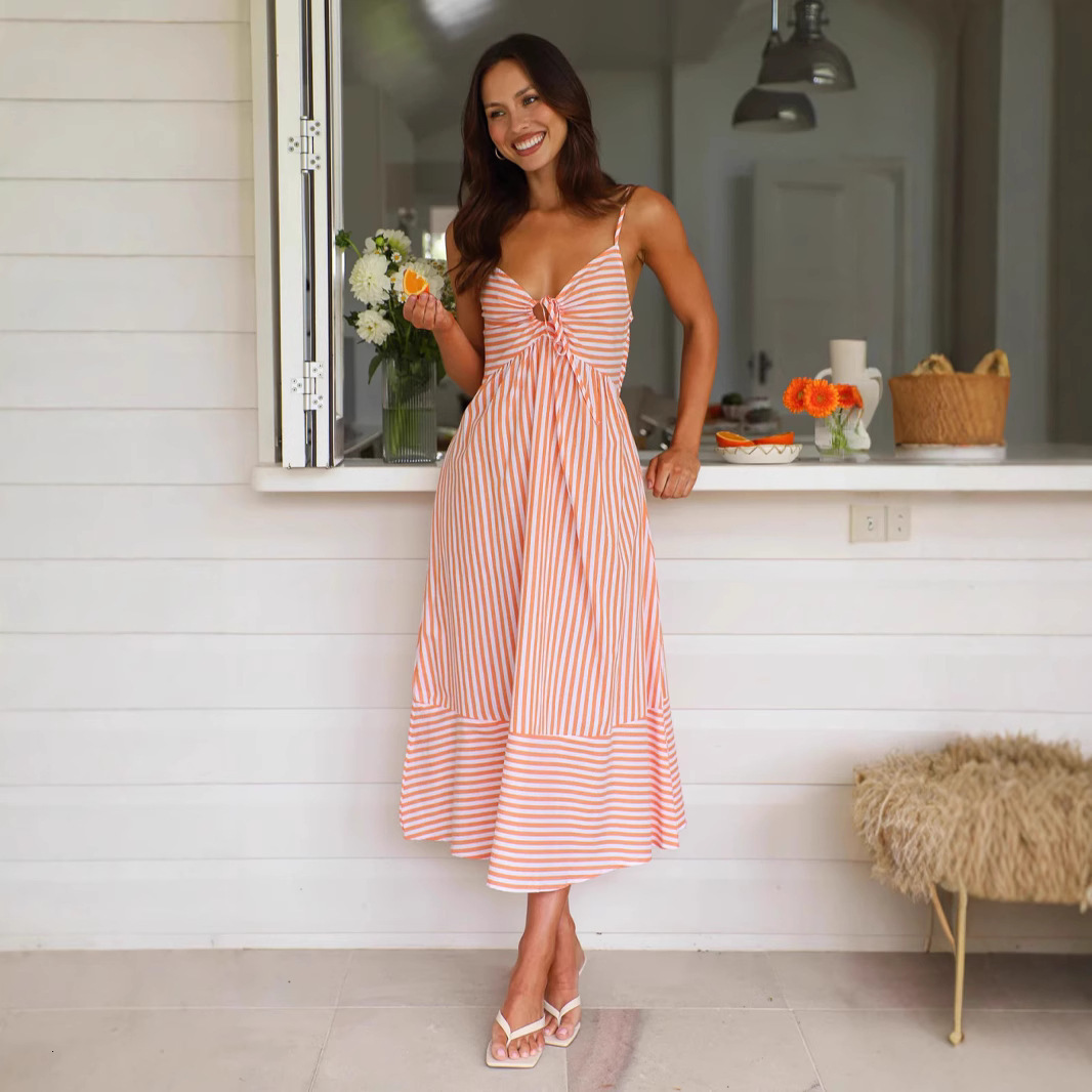 2025TK new striped sleeveless V-neck sexy half bag chest strap patchwork suspender dress