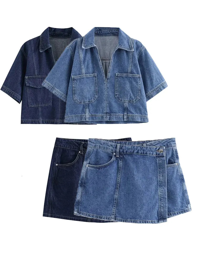 Summer denim two-piece set short sleeved pocket womens top mini skirt shorts fashionable casual womens two-piece set Y2K 250402