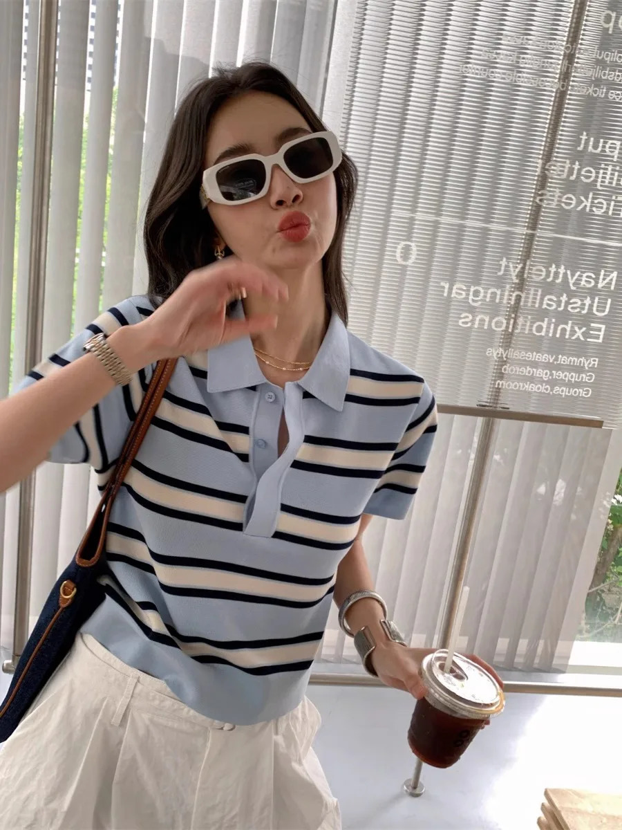 Temperament striped knit top womens short-sleeved POLO shirt womens spring summer T-shirt loose 250403