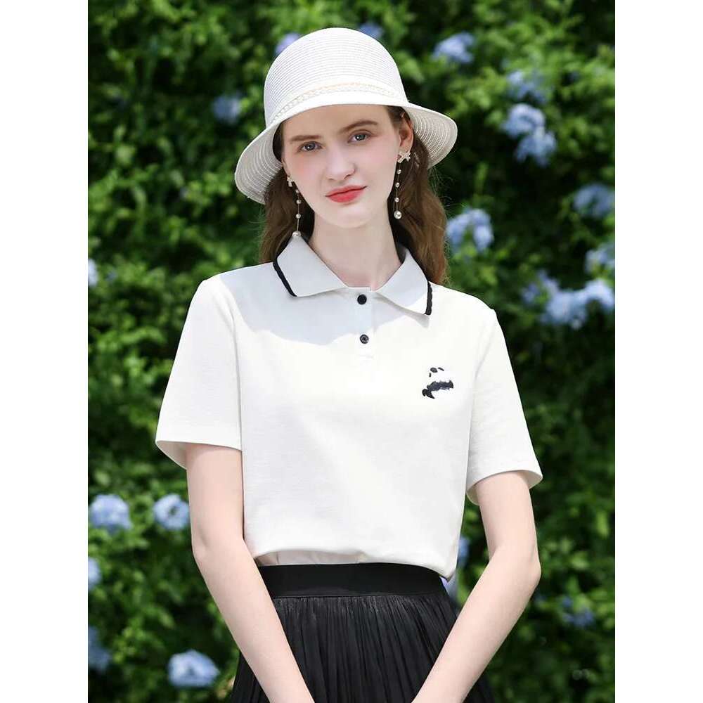 Breathable Sweat Women Tees Bead Ground Embroidery Polo Short Sleeve Summer New Slim T-Shirts Lady