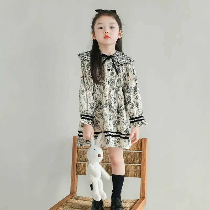 Girls Spring Autumn Dress Embroidered Floral Fashionable Long Sleeve Dress Stylish Peter Pan Collar Autumn Dress C251104