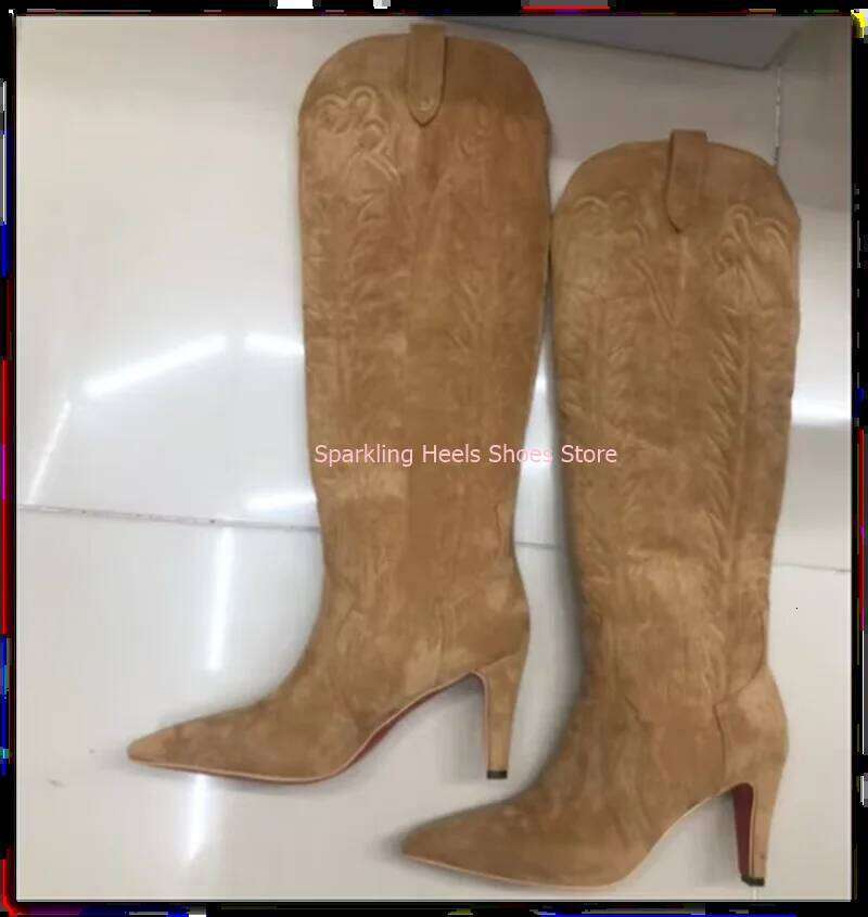 Fashion Woman Designer Knee High Pointed Toe Slip On Thin Heel Female Breathable Velvet Black Blue Brown Long Boots Shoes