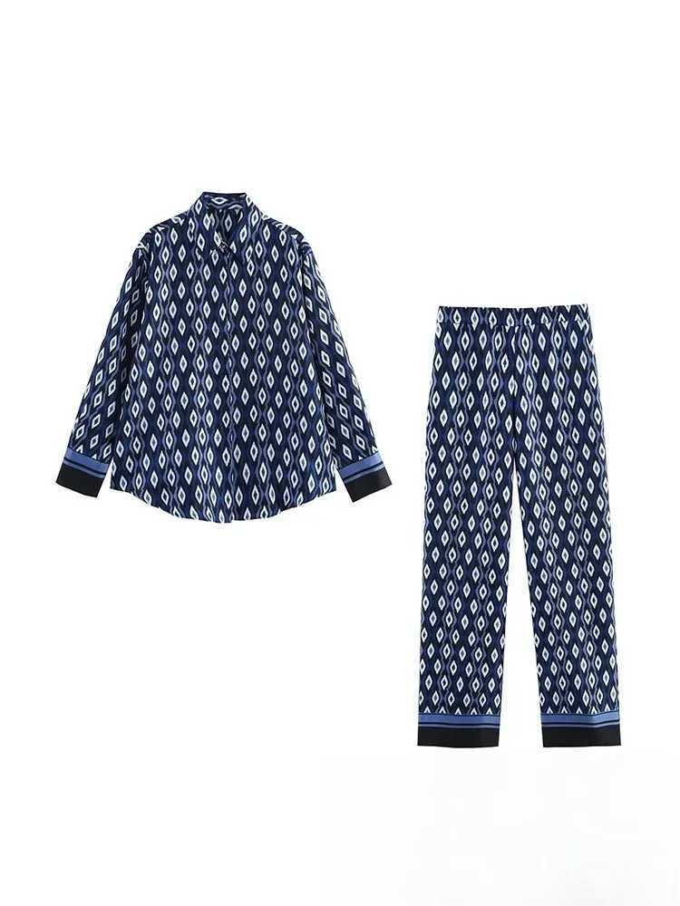 Designer KONDALA Vintage Blue Geometric Print Women Suits Long Sleeve Loose ShirtsHigh Waist Wide Leg Pants Fashion 2025 Holiday Suits Y251104