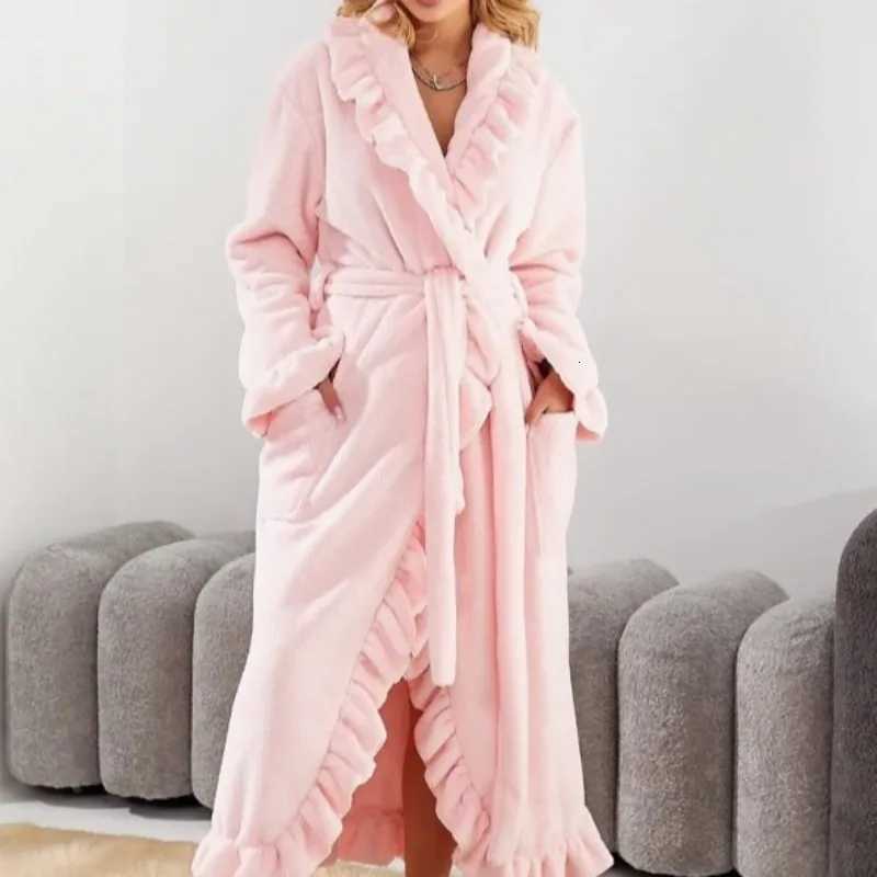 Womens Long Warm Robe Home Wear 2025 Autumn and Winter Coral Velvet Thickened Bathrobe Casual Soft Solid Lace Up Loungewear C251104
