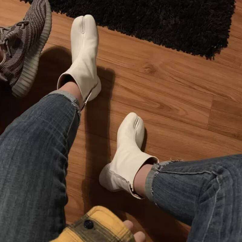 Luxury Brand Designer Tabi Split-toe Ankle Women Genuine Leather Chunky High Heel Short Boots 2025 Spring Autumn Shoes