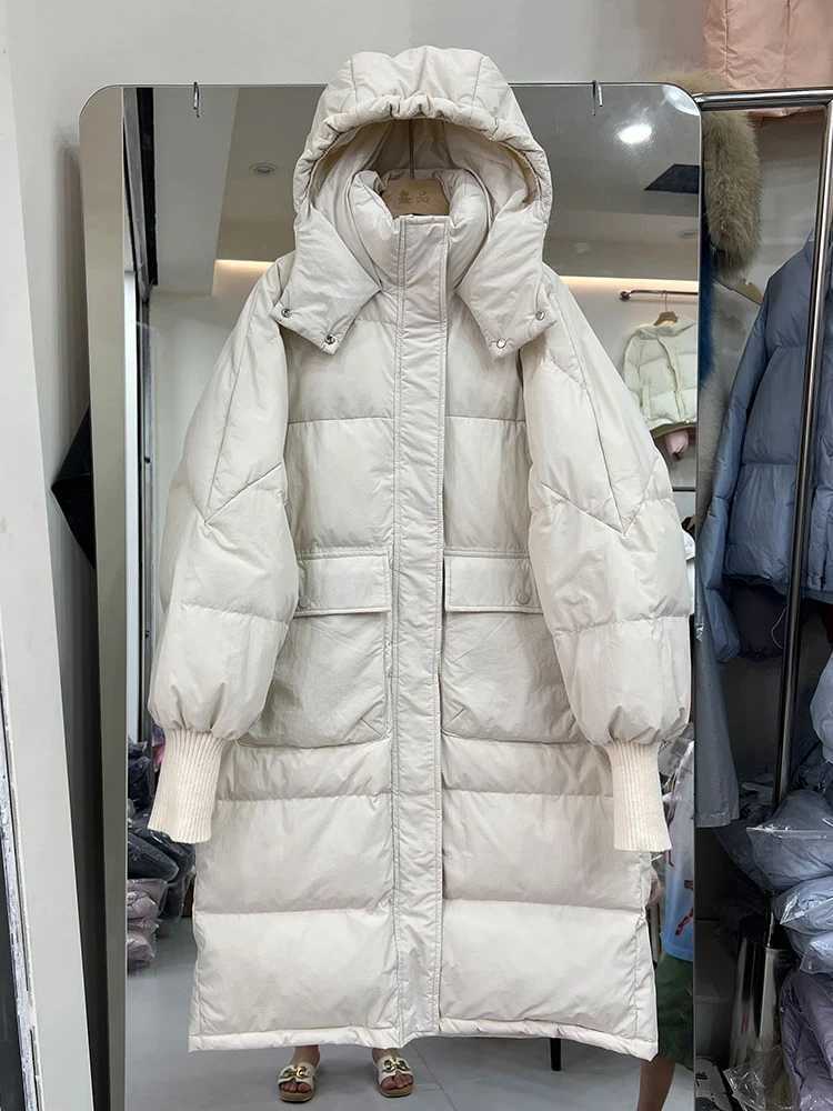 Winter Loose Warm Hooded Long Down Jacket Women White Duck Down Knee Length Down Jackets Female Big Pocket Thick Parker Outwears J251104