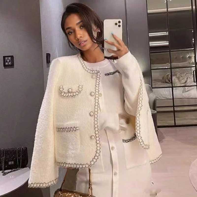 Elegant O Neck Office Women Knitted Jacket Autumn Winter Minklike Loose Sweater Pockets Cardigan French Style Casual Clothing J251103