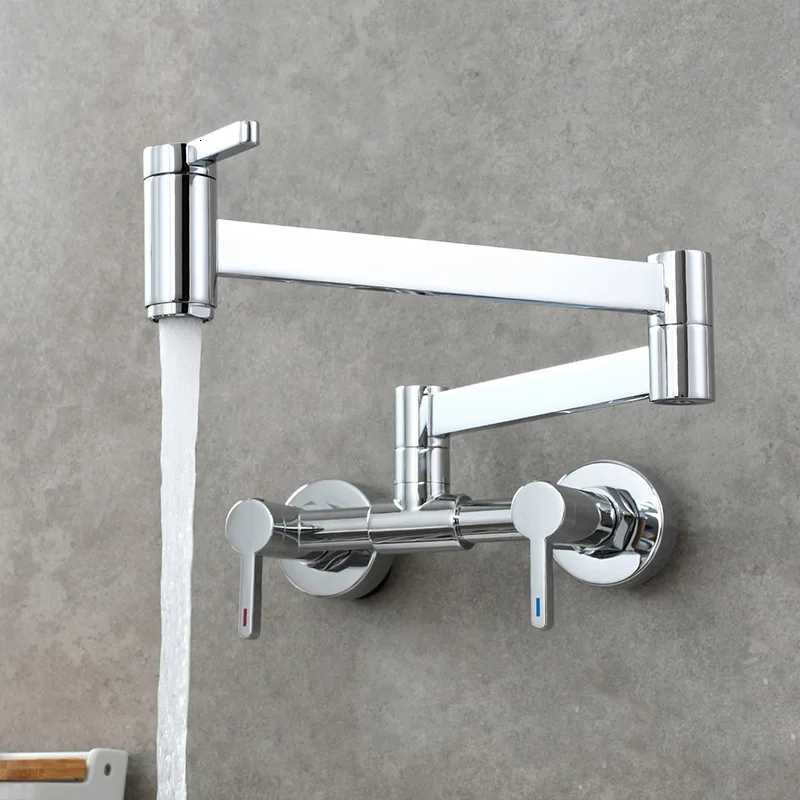 Pot Filler Tap Wall Mounted Foldable Kitchen Faucet Hot and Cold Single Hole Sink Tap Rotate Folding Spout Bed Gold Brass Y251104